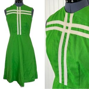 Vintage 1960s 70s Bright Green and White Stripe Midi Dress Small Fit and Flare